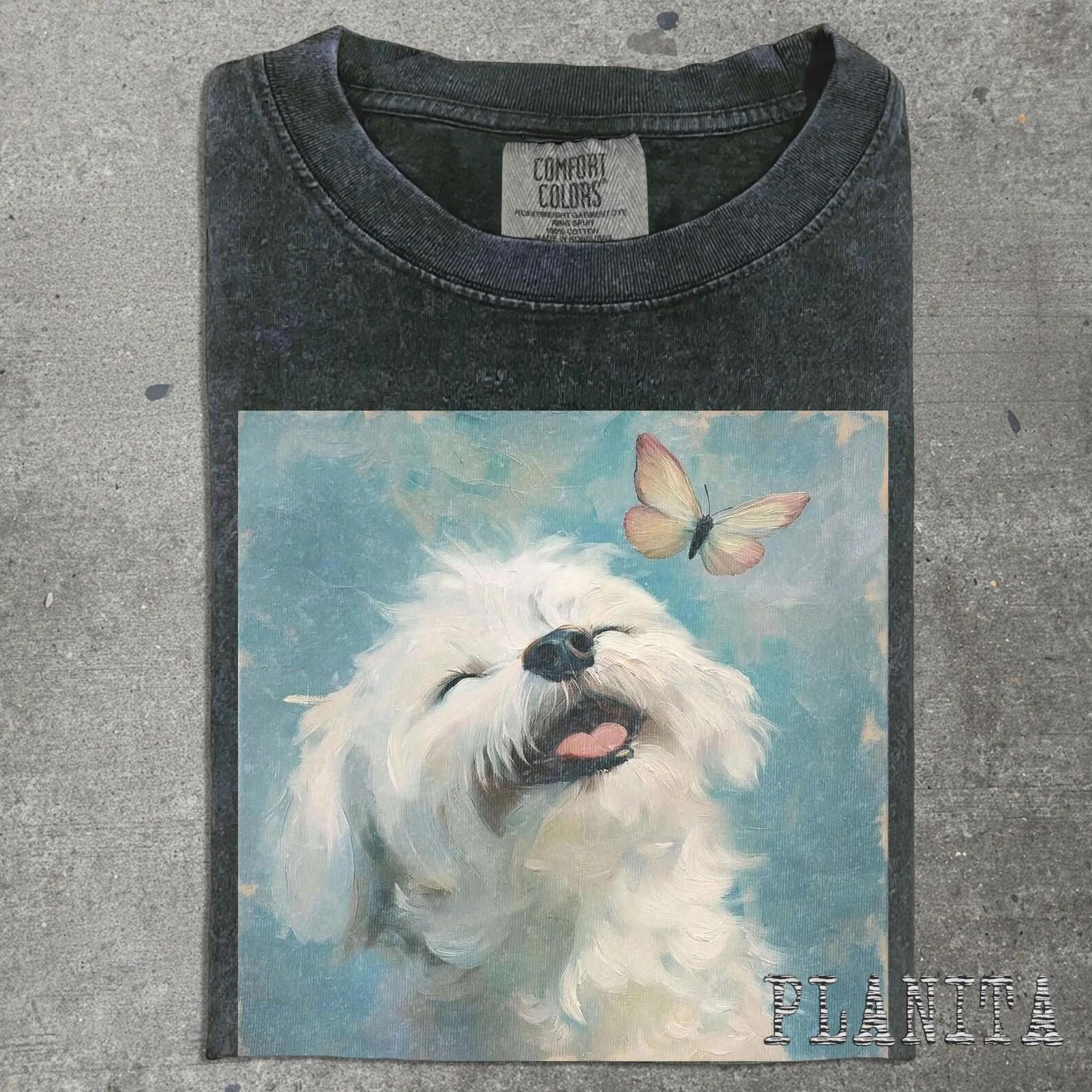 Happy White Dog with Butterfly T-Shirt | Cute Pet Portrait Tee S