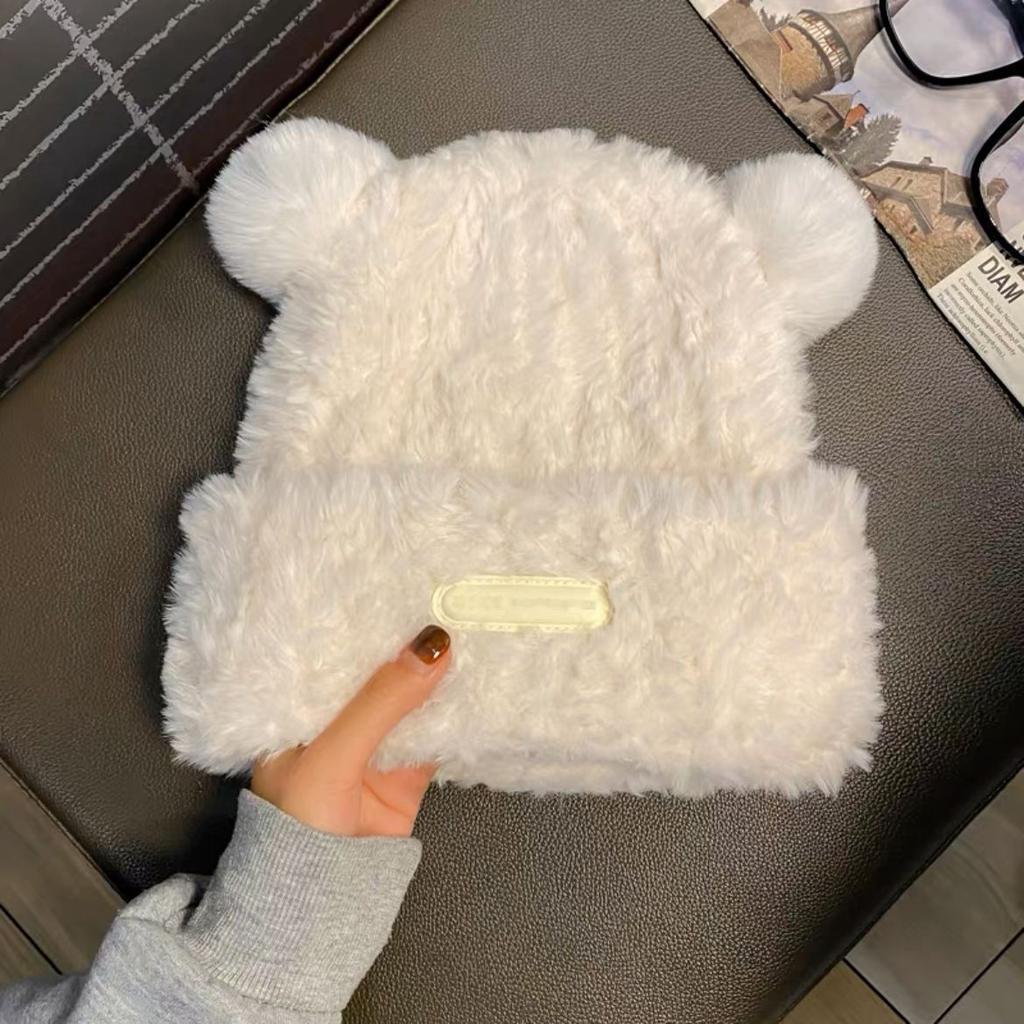 Niedliche Bärenwollmütze für Damen, Winter, verdickt, Plüsch, warm, Plüsch-Glatzenmütze, Herbst und Winter, großer Kopfumfang, Strickmütze
