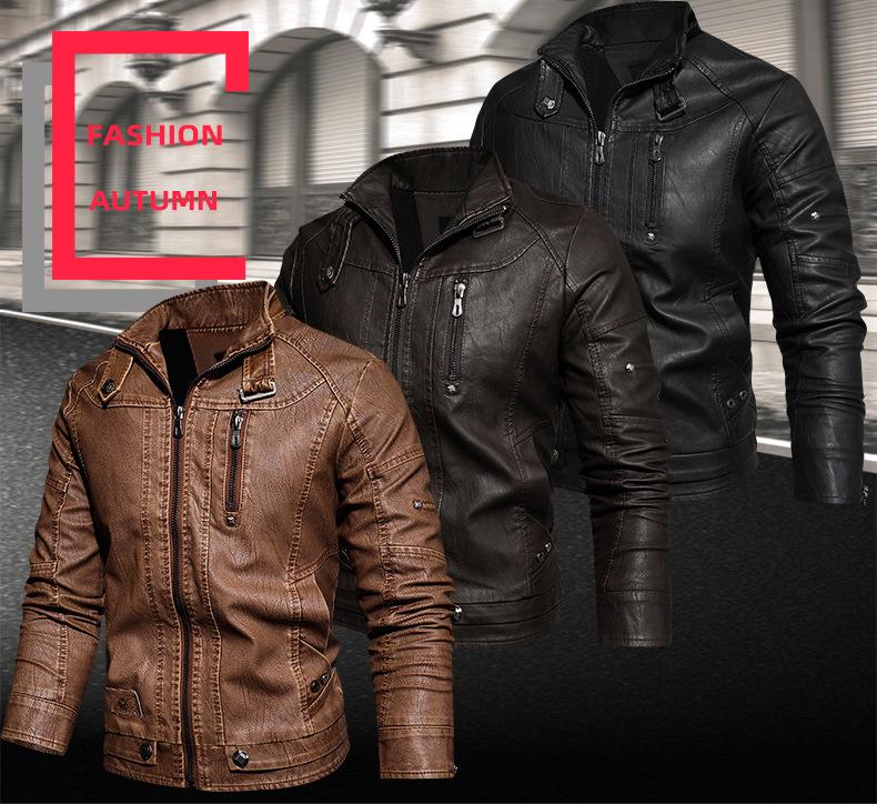 Herren Europäische & Amerikanische Slim Fit PU-Leder Motorradjacke mit Stehkragen und Plüschfutter