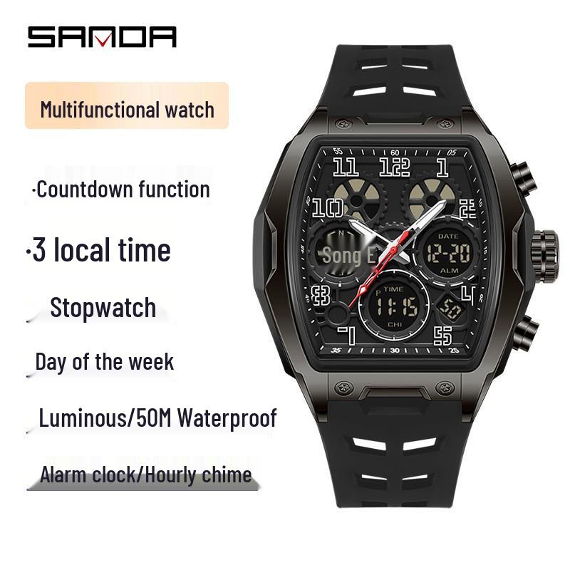 Sanda Dual-Movement Barrel Watch: Luminous Alarm, Large Dial, Multifunctional Student Watch.
