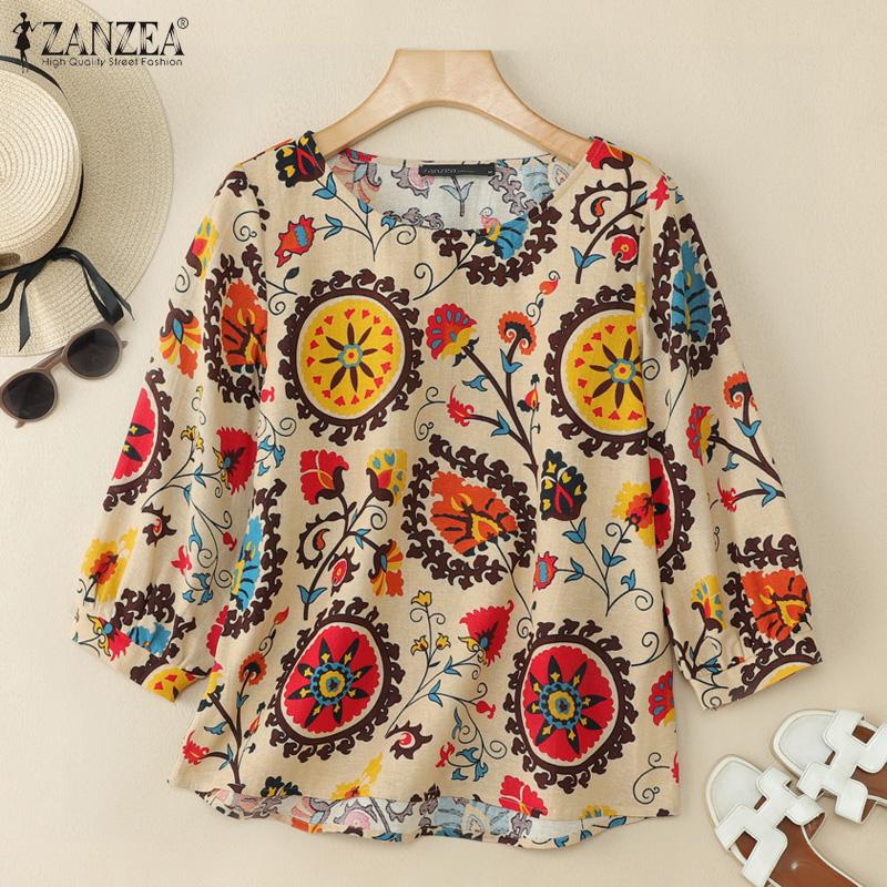 ZANZEA Bluză casual de damă cu gât rotund, mâneci 3/4, bumbac cu imprimeu retro