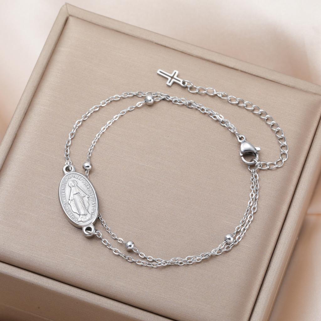 LIKGREAT Virgin Mary Bracelet Cross Pendant for Women Stainless Steel Religious Catholic Amulet Jewelry Gift Adjustable Chain