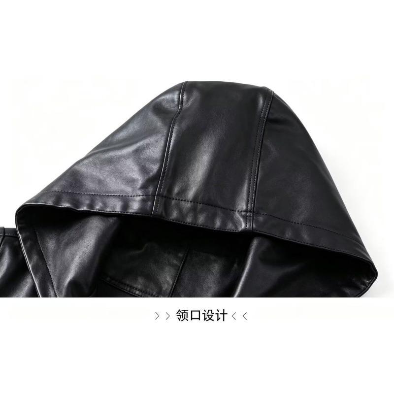 Women's Black Hooded Faux Leather Jacket Loose Fit Long Sleeve Casual Short Outerwear