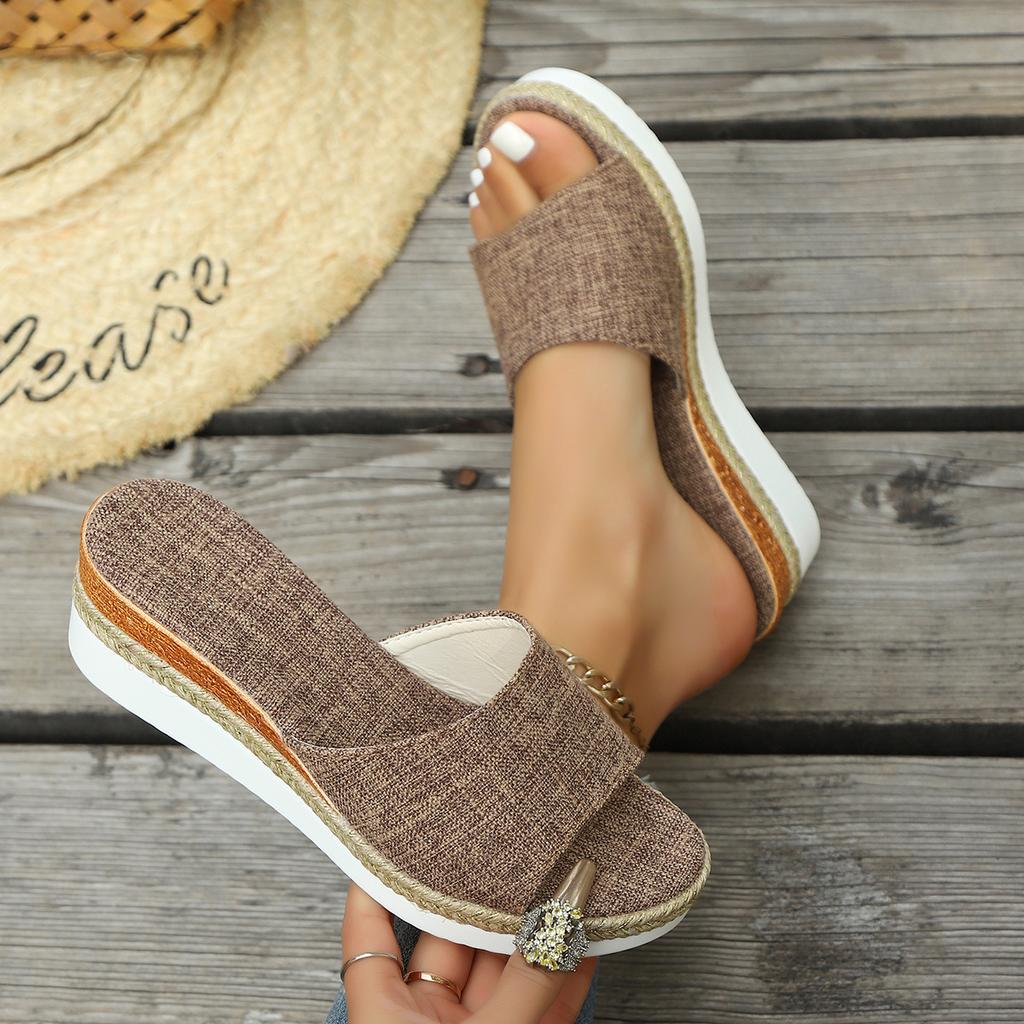 New Muffin and Open-toed Cold Slippers, One-word Dragging Hemp Rope Platform Women's Shoes On Cloth