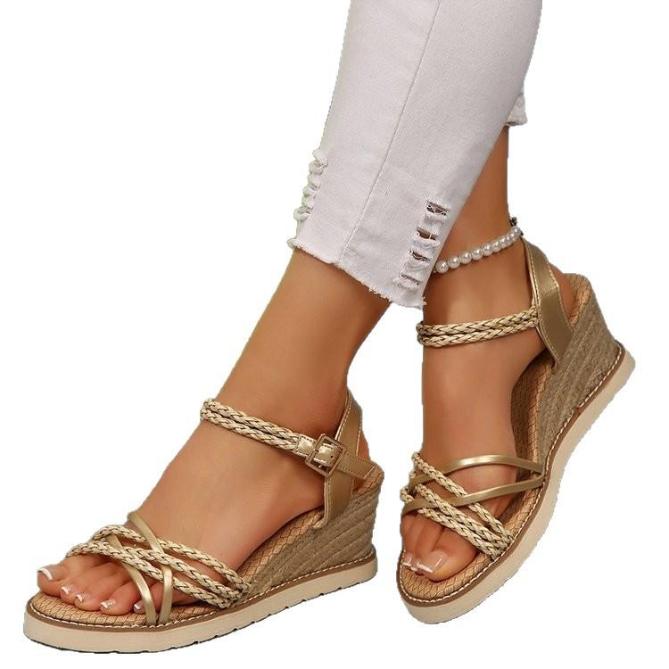Large Size High Heels Summer New Retro Platform Wedge Heel Woven Thin Strap Open-toed Sandals Women
