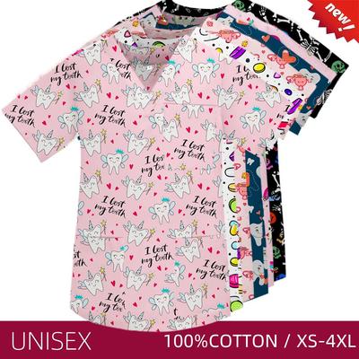 EWAKCOT Medical Scrub Uniforms for Nurse Doctor Printed Women Men Nursing Surgical Tops Dentist Chef Spa Beauty Salon Working Blouse
