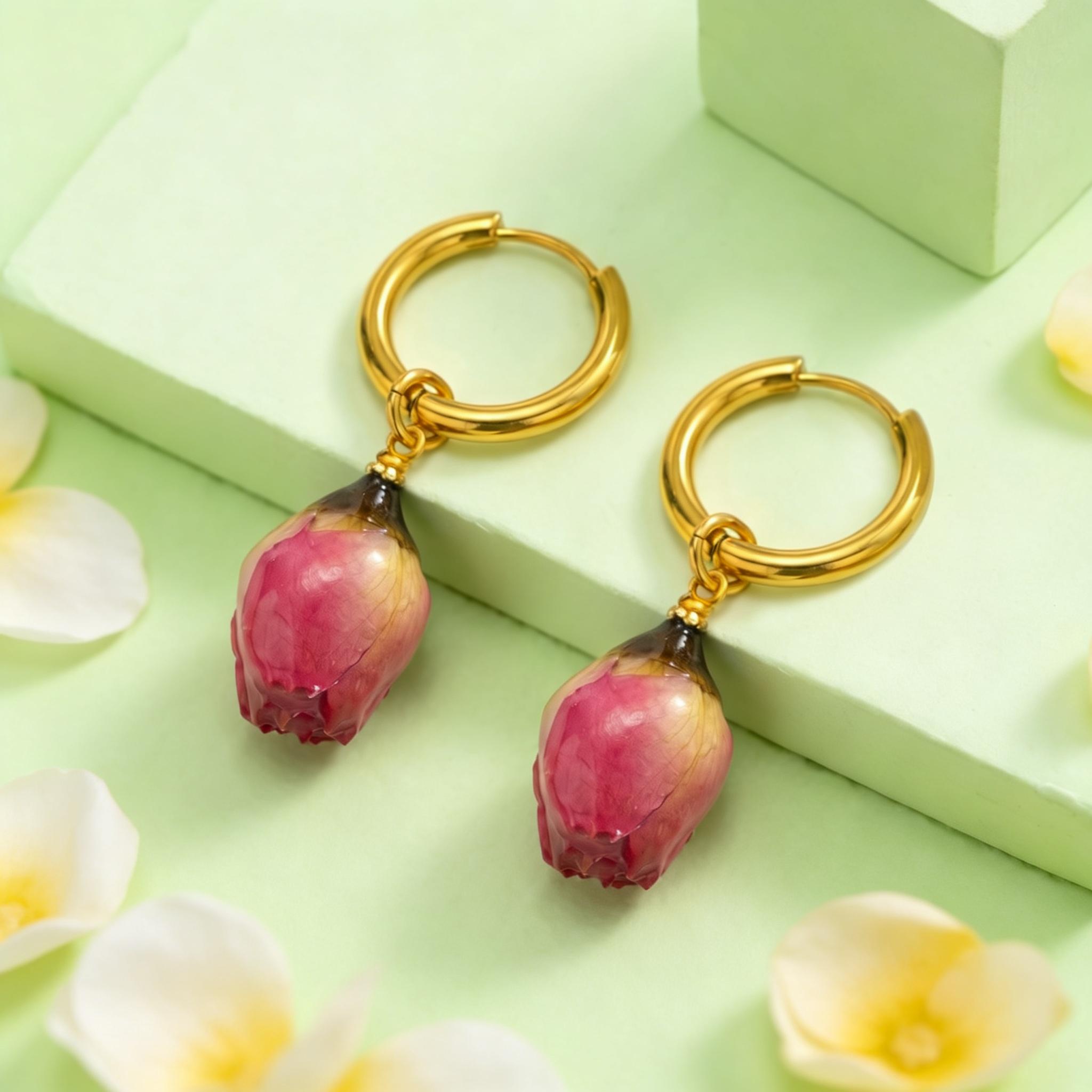 Stainless Steel Dried Rose Earrings for Women Immortal Rose Flower Hoop Earrings Gold Plated 2026 New Jewelry Gift