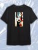 TeeSensation Black Crew Neck Short Sleeve T-Shirt with Art Deco Geometric Woman Portrait Teal Red Print