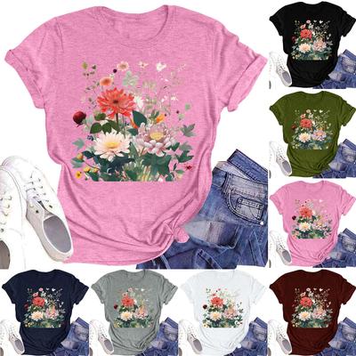 Dam Casual Rundhalsad T-shirt Topp med Blomtryck och Kort Ärm