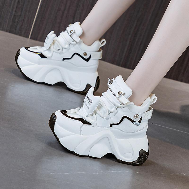 Fashion High Platform Genuine Leather Sneakers Women 2025 Spring Casual Chunky Shoes Winter 8CM Wedge Heels Lace-up Warm Fur Snow Shoes
