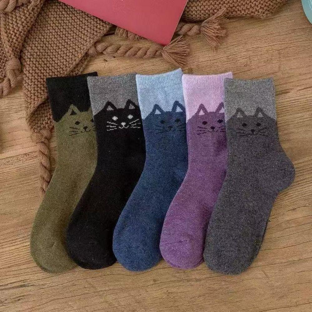 5 Pairs Elastic Cuff Mid Calf Socks Soft Breathable Cartoon Cat Socks Street Matching