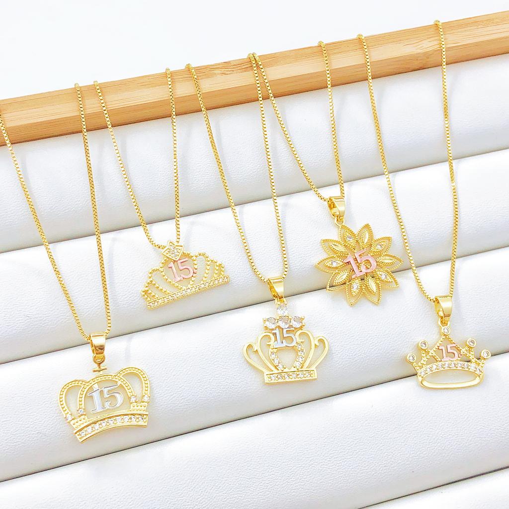 10-Style Gold-Plated Shiny Zircon Crown 15th Birthday Pendant Necklace Classic for Girls' Party Vacation Jewelry Birthday Gift
