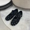 Cowhide version~ Rivet cross one-word buckle flat-soled ballet shoes for women's 2025 new Korean version of round-headed grandma shoes