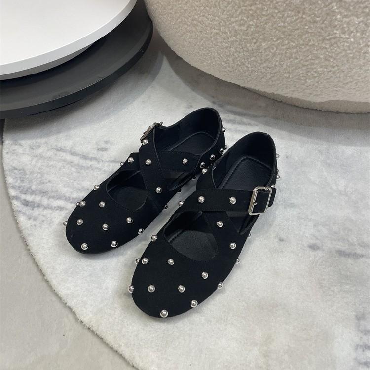 Cowhide version~ Rivet cross one-word buckle flat-soled ballet shoes for women's 2025 new Korean version of round-headed grandma shoes