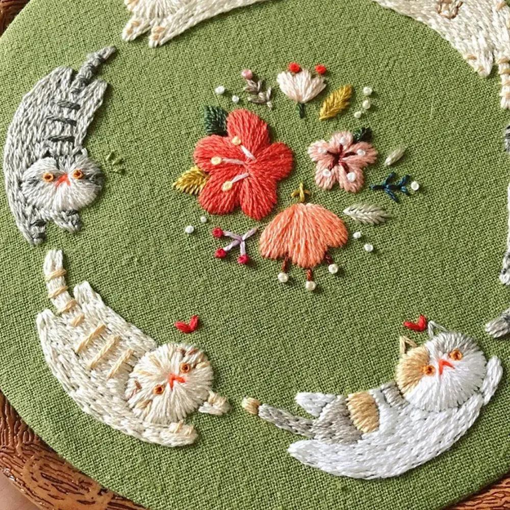 DIY Flower Cat Embroidery Handcraft Needlework Cross Stitch Kit Cotton Embroidery Painting Embroidery Hoop Home Decor