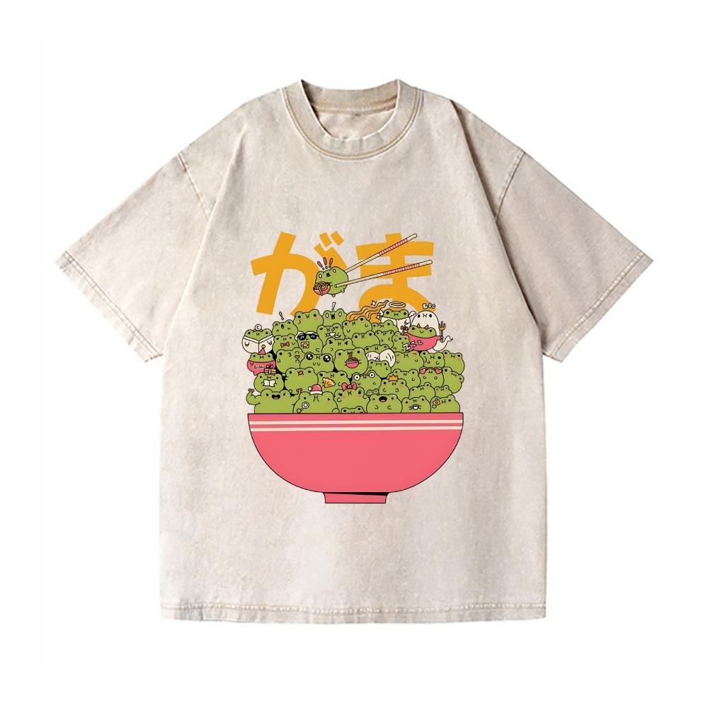 Fashion Unisex Cotton Washed T-shirt Vintage Frog Bowl Japanese Design Tees Casual Loose Short Sleeve Harajuku Sports Tops