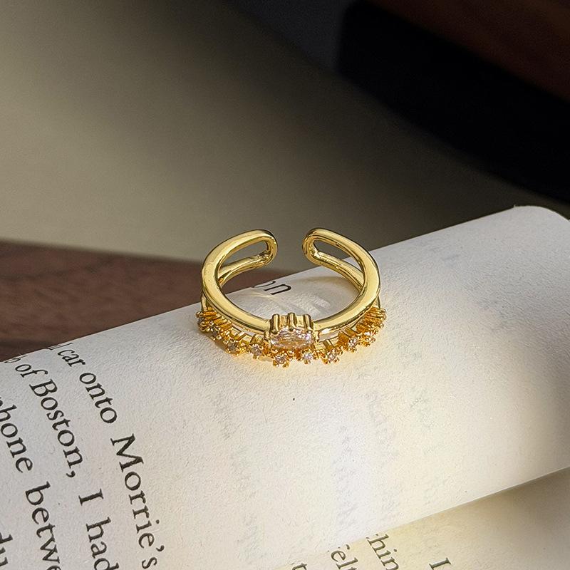 Light Luxury Sweet Sister Four-Leaf Clover Full Of Diamonds, Row Of Diamonds, Zircon Double-Layer Open Ring, Niche High-End Sense Stacking