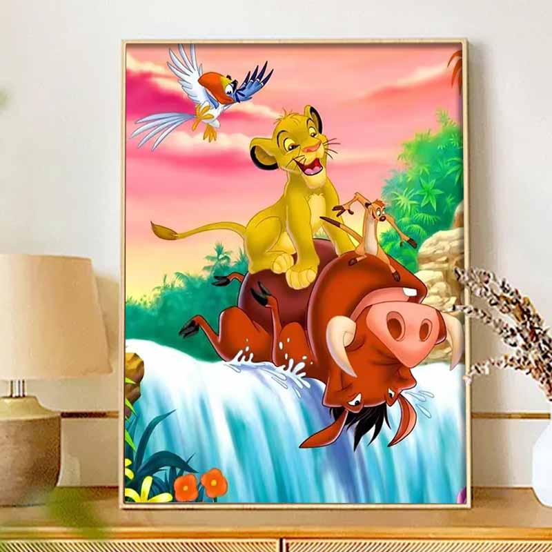 Disney diamond painting 5D round diamond full of diamonds DIY handmade stickers, home decoration paintings Lion King Simba Timon Pumbaa waterfall.