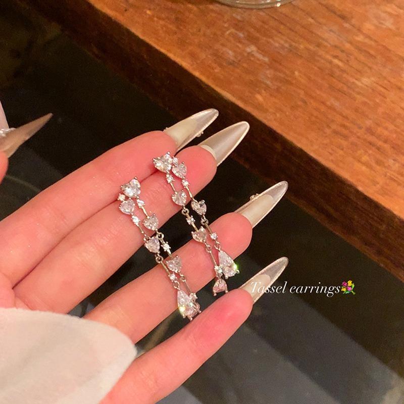 Silver Needle High-end Style Claw Zircon Flowing Tassel Earrings for Women - Light Luxury, Small-Scale, Unique Style Long Earring Set