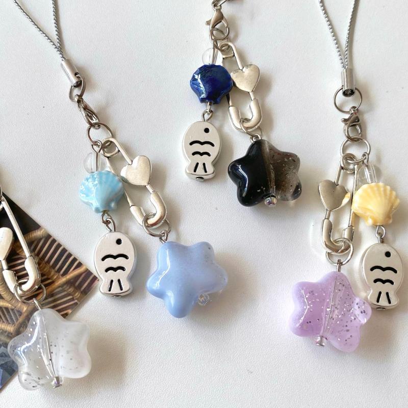  Star Shell Small Fish Keychain Phone Camera Lanyard Cartoon Lovely Beaded Keychain Exquisite Backpack Decoration Gifts
