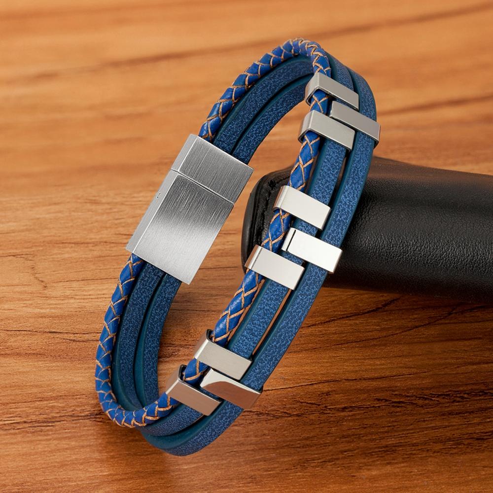 Black Brown Blue Color Three-Layer Stitching Accessories Stainless Steel Men's Leather Bracelet Advanced Design Style Gift