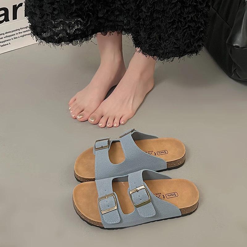 Fashion Fashion Cork Women Sandals New Soft Sole Suede Mules Slippers with Arch Support House Open Toe Flats Outdoor Beach Slide Shoes