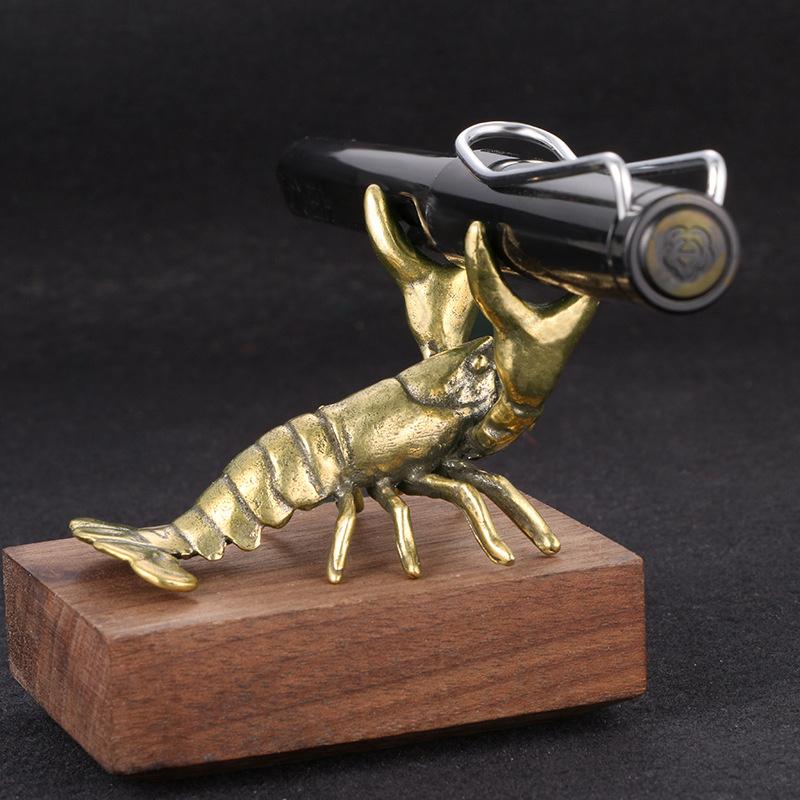 2pcs Solid Brass Miniatures Crayfish Ornament Vintage Animal Pen Holder Desktop Decorations Crafts Collections Lobster Figurines