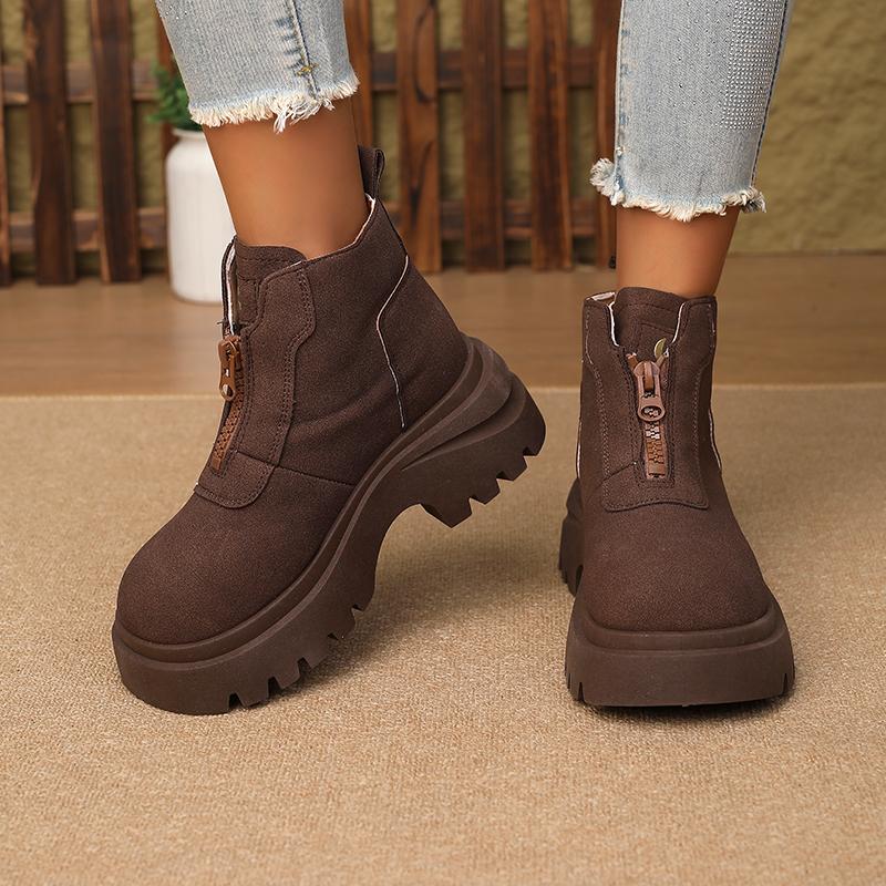 Black Slimming Lace-up  Boots for WomenNew Spring and Autumn British Style Height-Increasing Chunky Heel Low-Cut Boots