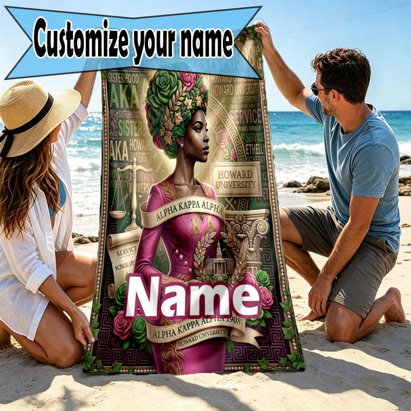 Custom Name Personalized Alpha Kappa Alpha Print Beach Towel, for Trip Camping Beach Party Home Decor, Birthday Gift for Family & Friends