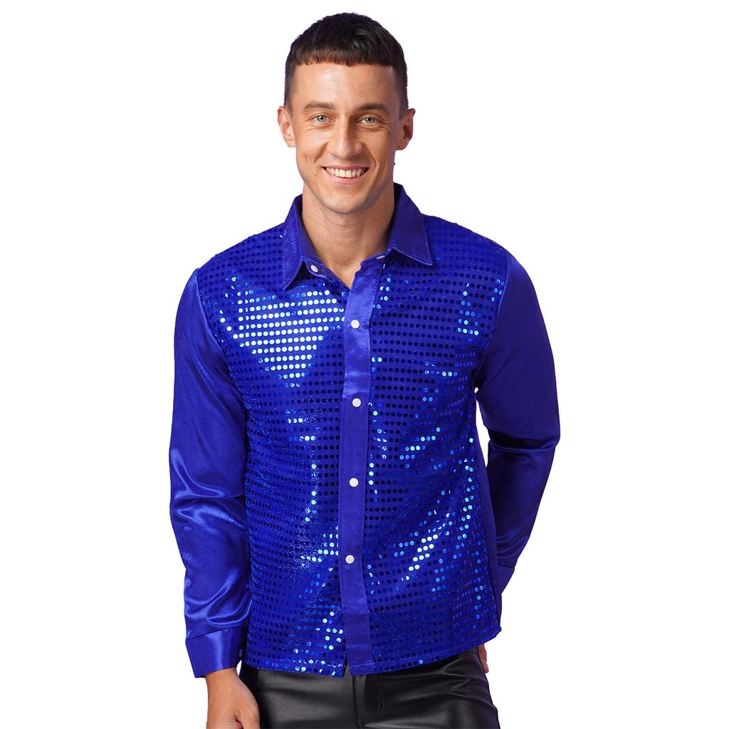 Mens Shiny Sequin Dance Shirt Latin Jazz Performance Wear Turn Down Collar Long Sleeve Patchwork Top