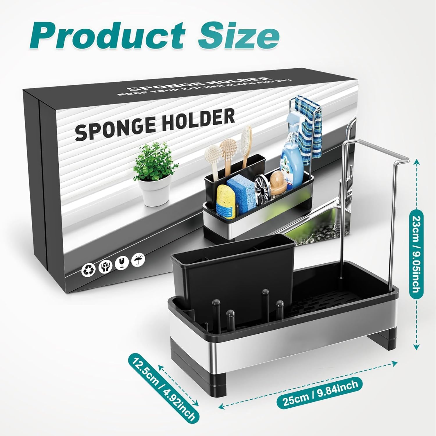 

304 Stainless Steel Black Kitchen Sink Caddy Self Drain Tray Sponge Dishcloth Brush Soap Dispenser Holder чёрный