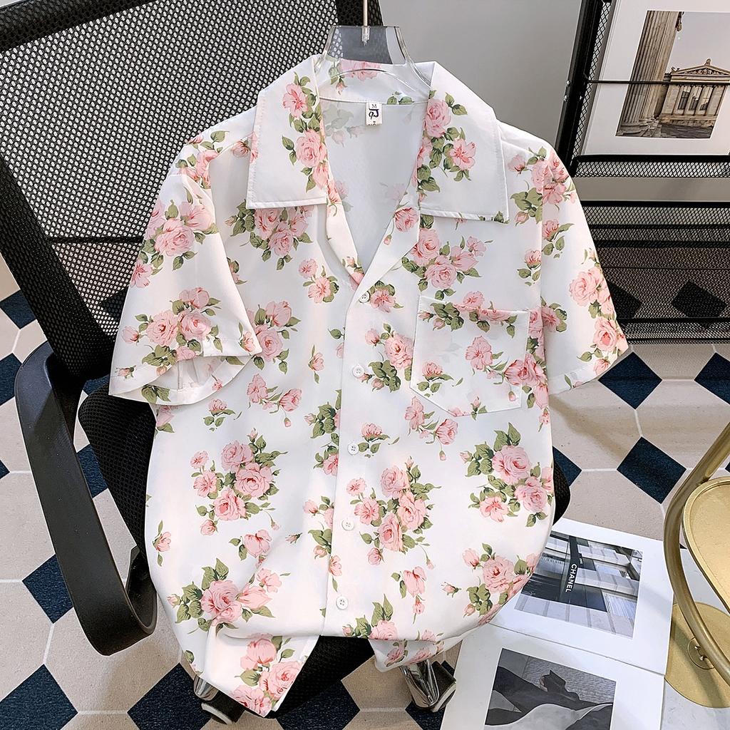 Summer Draping Floral Print Short Sleeve Shirt Men's Niche Loose Korean Style Hawaiian Cuban Collar Shirt Half Sleeve Top