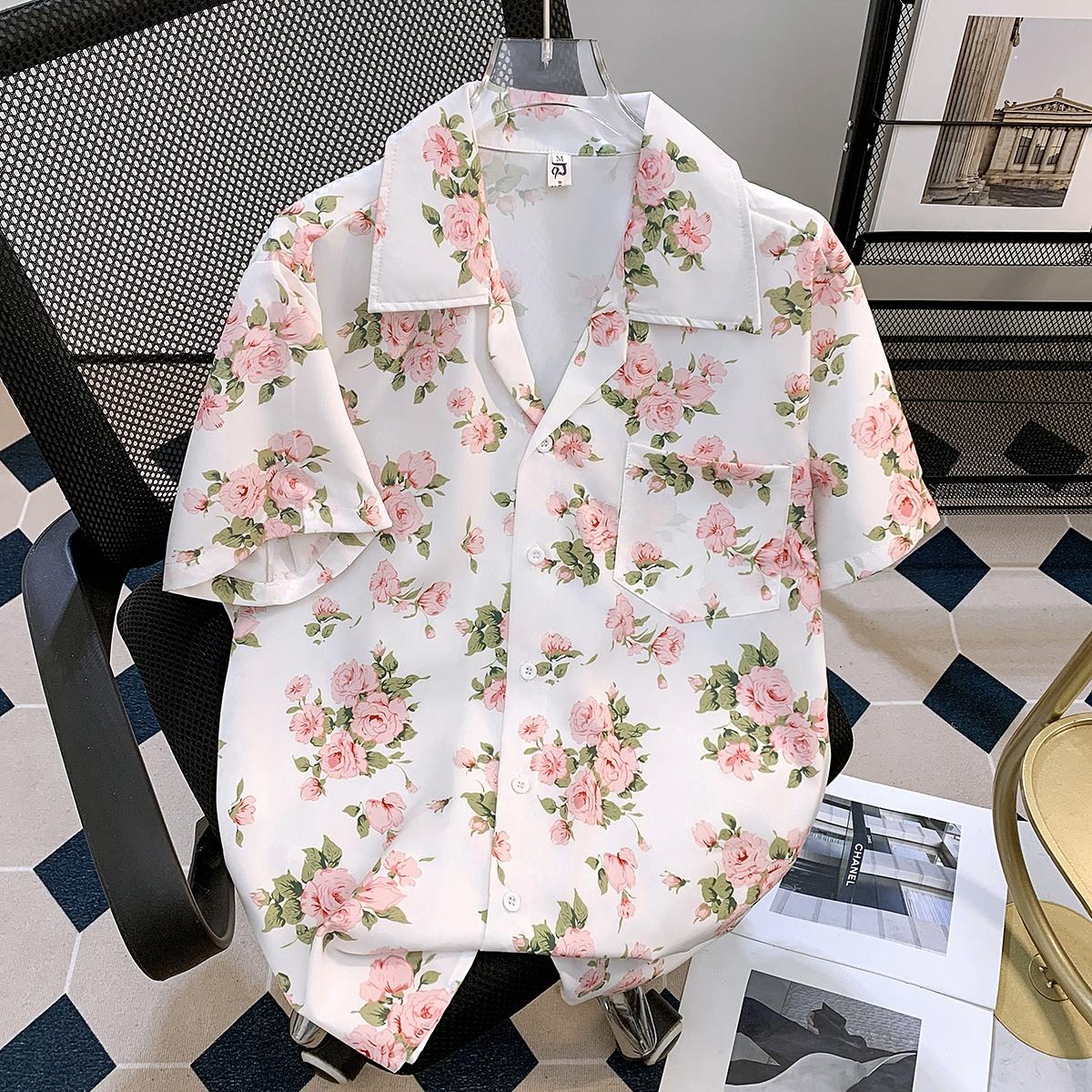 

Summer Draping Floral Print Short Sleeve Shirt Men s Niche Loose Korean Style Hawaiian Cuban Collar Shirt Half Sleeve Top 3XL рожевий