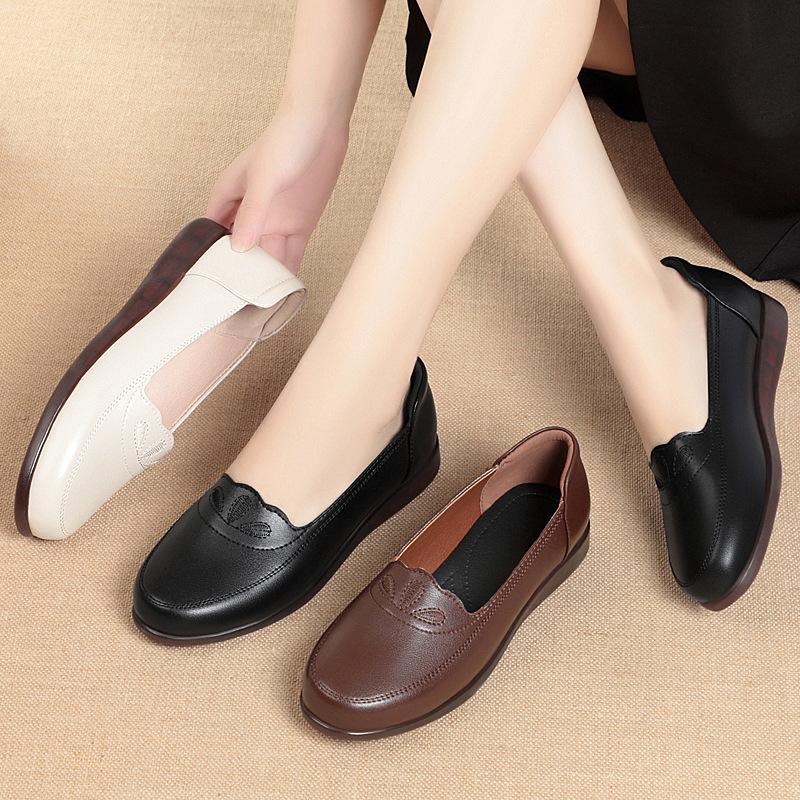 Spring and Autumn Genuine Leather Rubber Sole Soft Sole Middle-aged and Elderly Shoes Flat Leather Shoes Women's Shoes