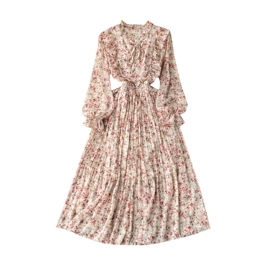 Spring new French V-neck long-sleeved waist temperament small fresh floral dress women's pleated long dress