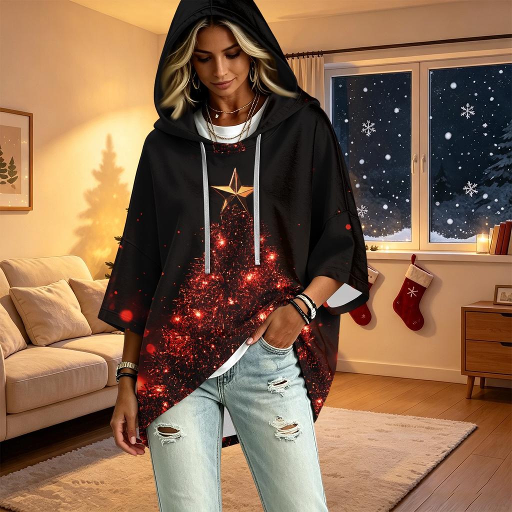 Women's Fashion Christmas Print Hooded Pullover Top, 3/4 Sleeve Casual Tunic