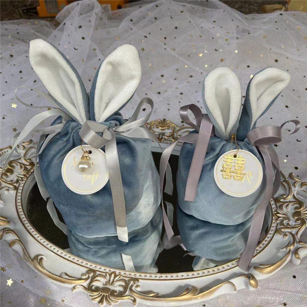 Flannel Bunny Ear Gift Bag Rabbit Ear Wedding Candy Bag with Card Pearl Drawstring Design Soft for Wedding Birthday