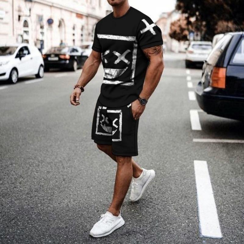 Men s Fashion Trendy Print Short-sleeve and Shorts Two-piece Se L