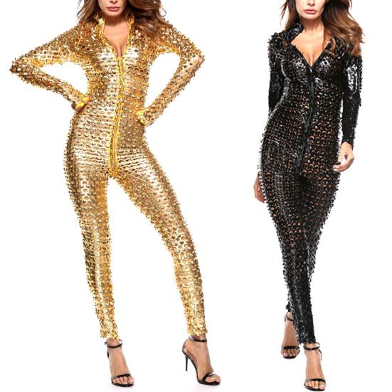 Dámský síťovaný overal s otvory na zip z umělé lakované kůže, přiléhavý, do nočního klubu