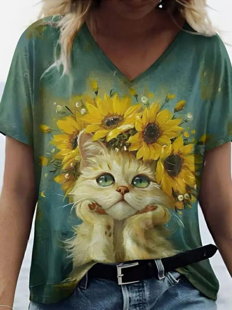 Neue Süße Katze Tier 3D Druck T-Shirts Mode Damen V-Ausschnitt Kurzarm T-Shirt Y2k Harajuku T-Shirts Lässige Oberteile Damenbekleidung