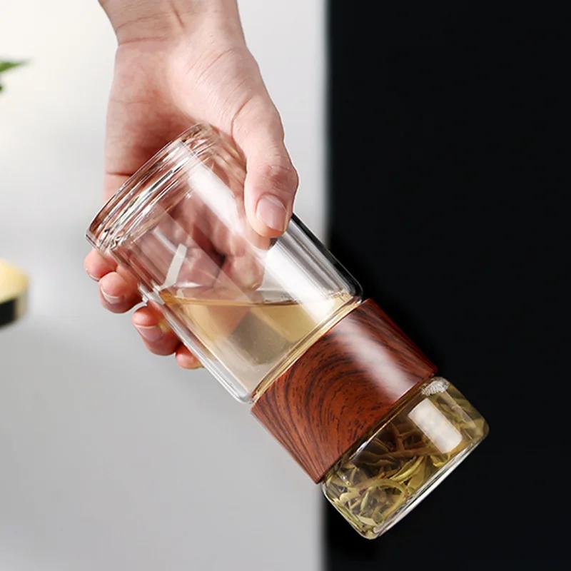 Doppelwandige Glas-Kanne, Hitzebeständiges Teekännchen mit Sieb, Glas zur Trennung von Tee und Wasser, Transparente Holzmaserung Teetassen 300ml