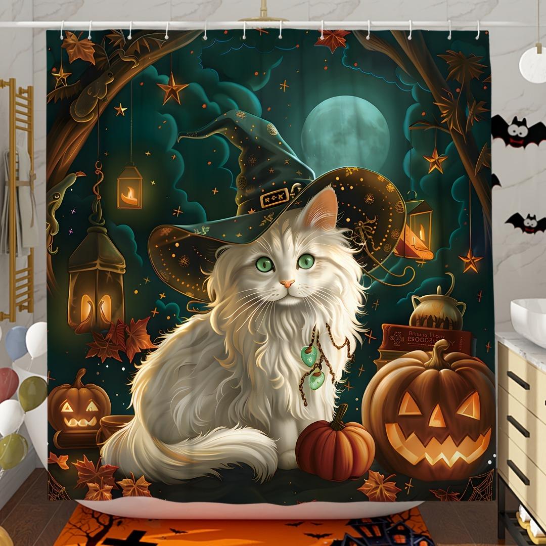 

1/4Pcs Halloween Decoration Noble Witch Cat Pattern Shower Curtain Bathroom Decor Halloween Decoration Indoor Shower Curtain Only90x180curtain