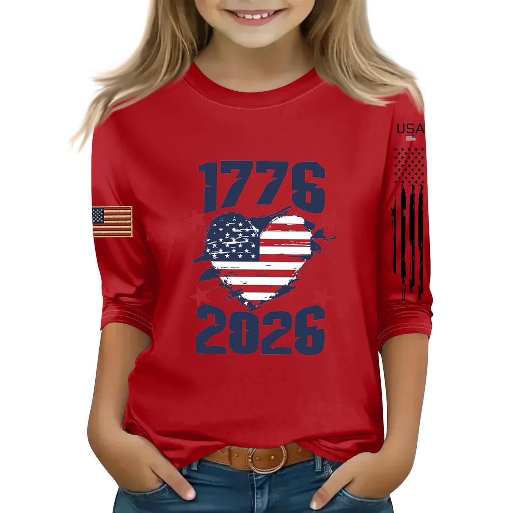 Kid's Round Neck Independence Day Print Lightweight Spring/Summer Top