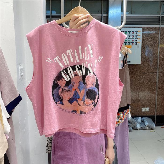 

2021 Женская свободная летняя футболка без рукавов с принтом в уличном стиле 2XL розовый