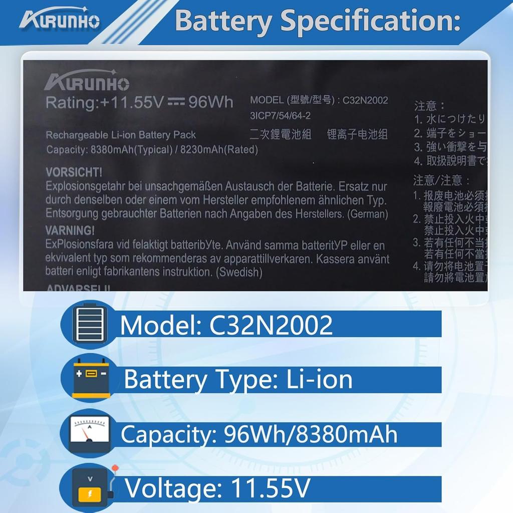 C32N2002 96Wh Battery Replacement for Asus ZenBook Pro 15 UX535 UX535LI UX535LI OLED UM535 UM535Q UM535QE Flip 15 Q528EH Q538EI UX564EH UX564EI