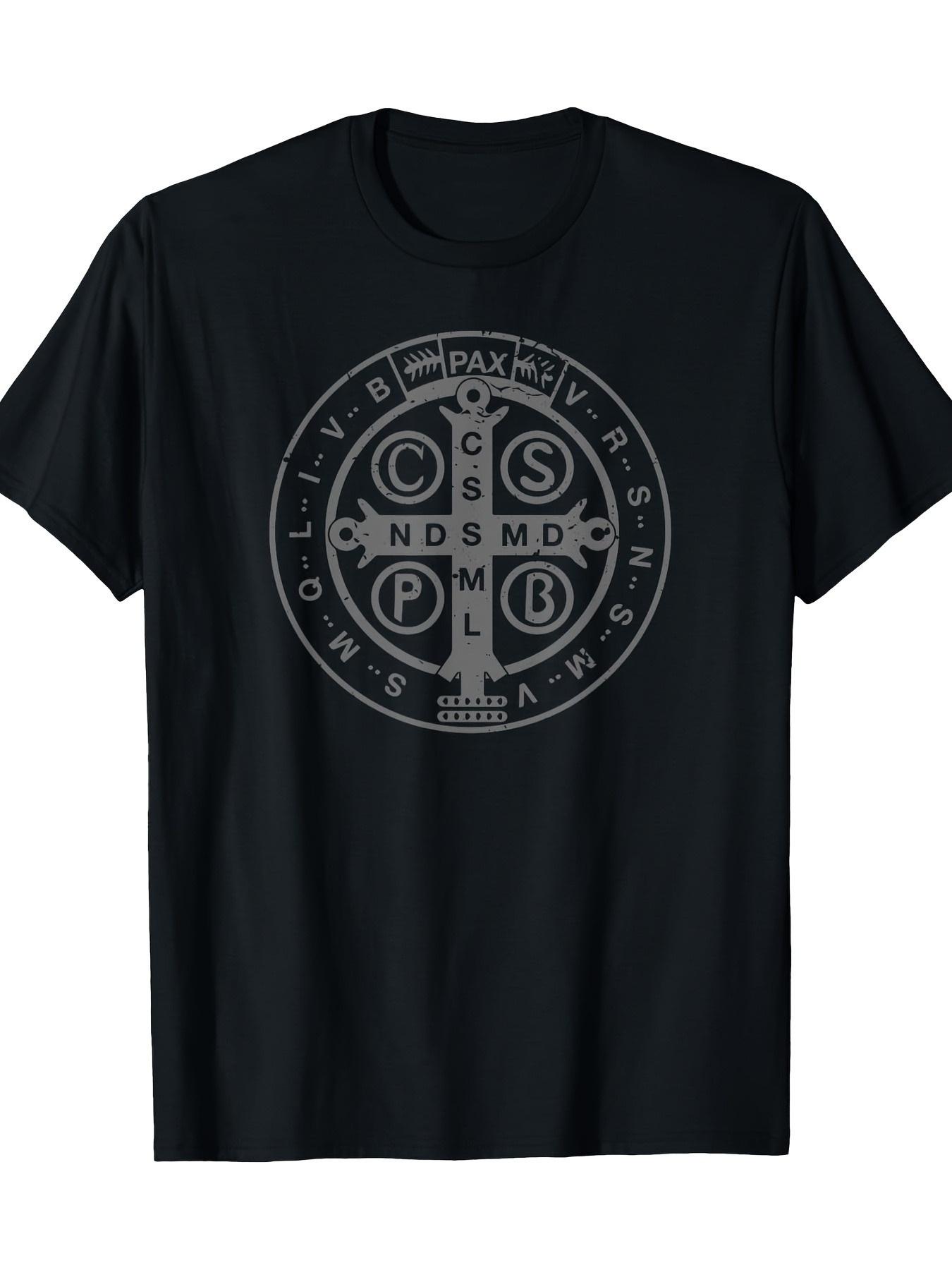 Catholic Saint Benedict Medal T-Shirt - Heavyweight 200gsm 100% Cotton Crewneck Tee with Iconic Medal Design Suitable for Catholics, Monks, Church App L