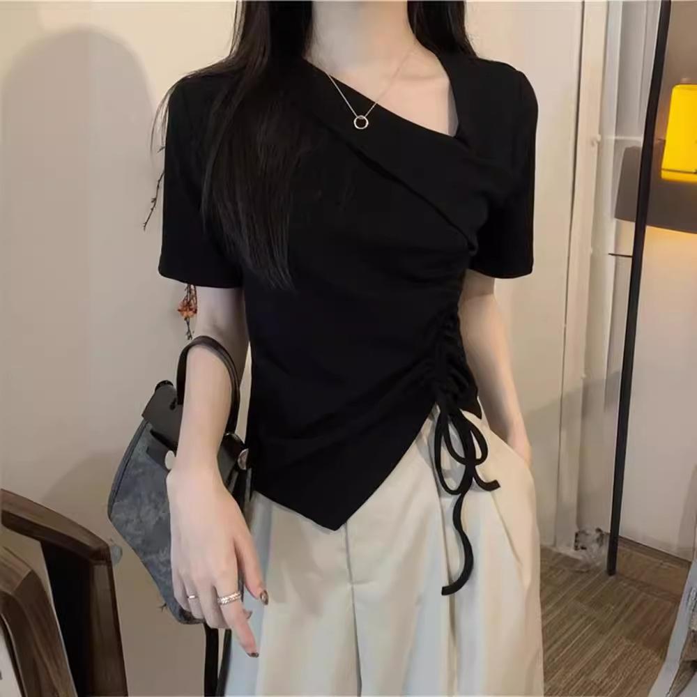 Irregular Drawstring Short-sleeved T-shirt Women's Summer New Design Sense American Spice Girl V-neck Front Shoulder Short Top