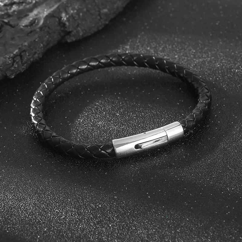 Men's Leather Rope Bracelet with Stainless Steel Snap Button - Minimalist and Trendy Design