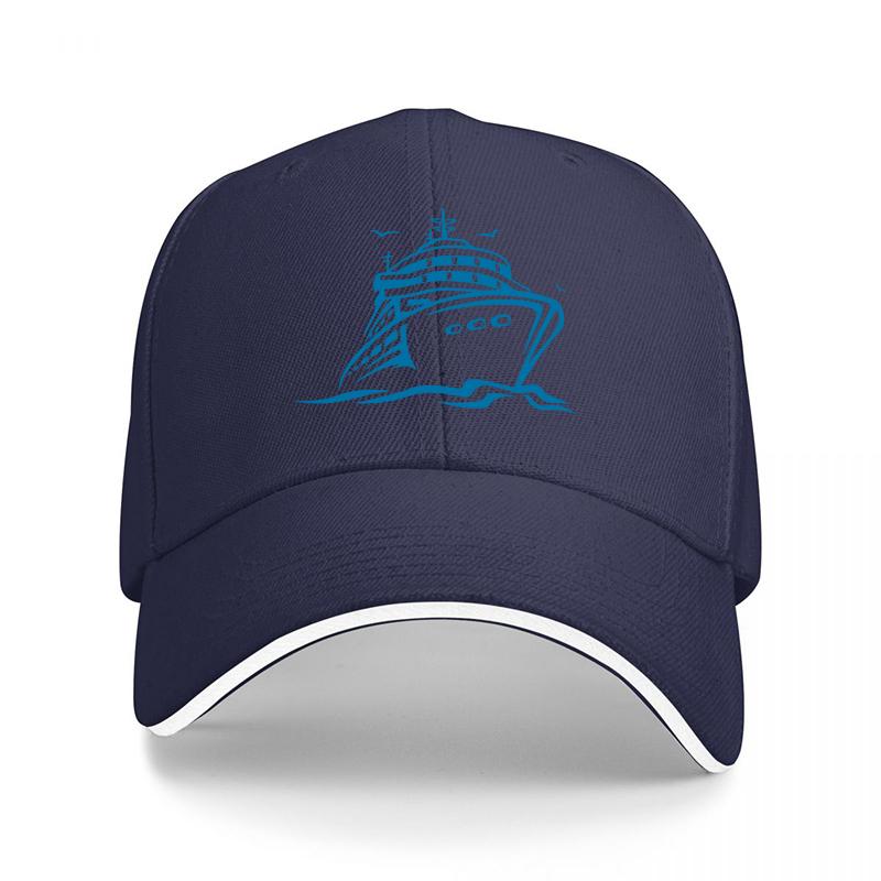 Ocean Liner Cruise Ship Design Black Baseball Cap with Blue Embroidered Logo for Travel Enthusiasts and Sea Adventure Fans