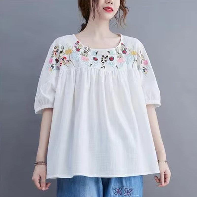 Vară Nou Bumbac și Cânepă Cămașă cu Păpușă Brodată pentru Femei Top Larg Retro cu Mâneci Lanternă pentru Îmbătrânire